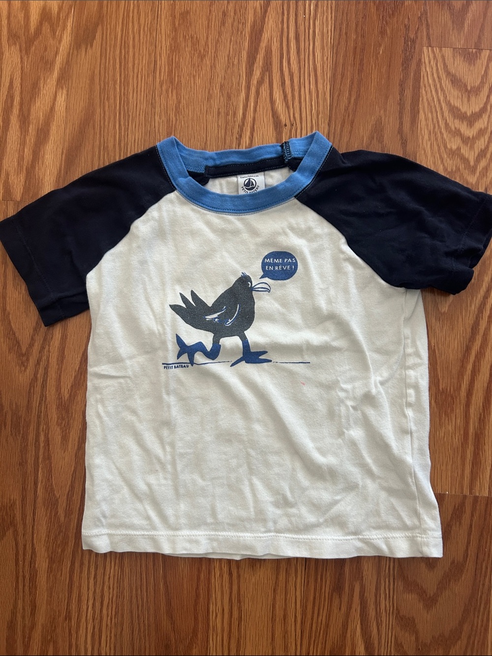 Petit Bateau White Tee with Navy Raglan Sleeves and Blue Neck Trim